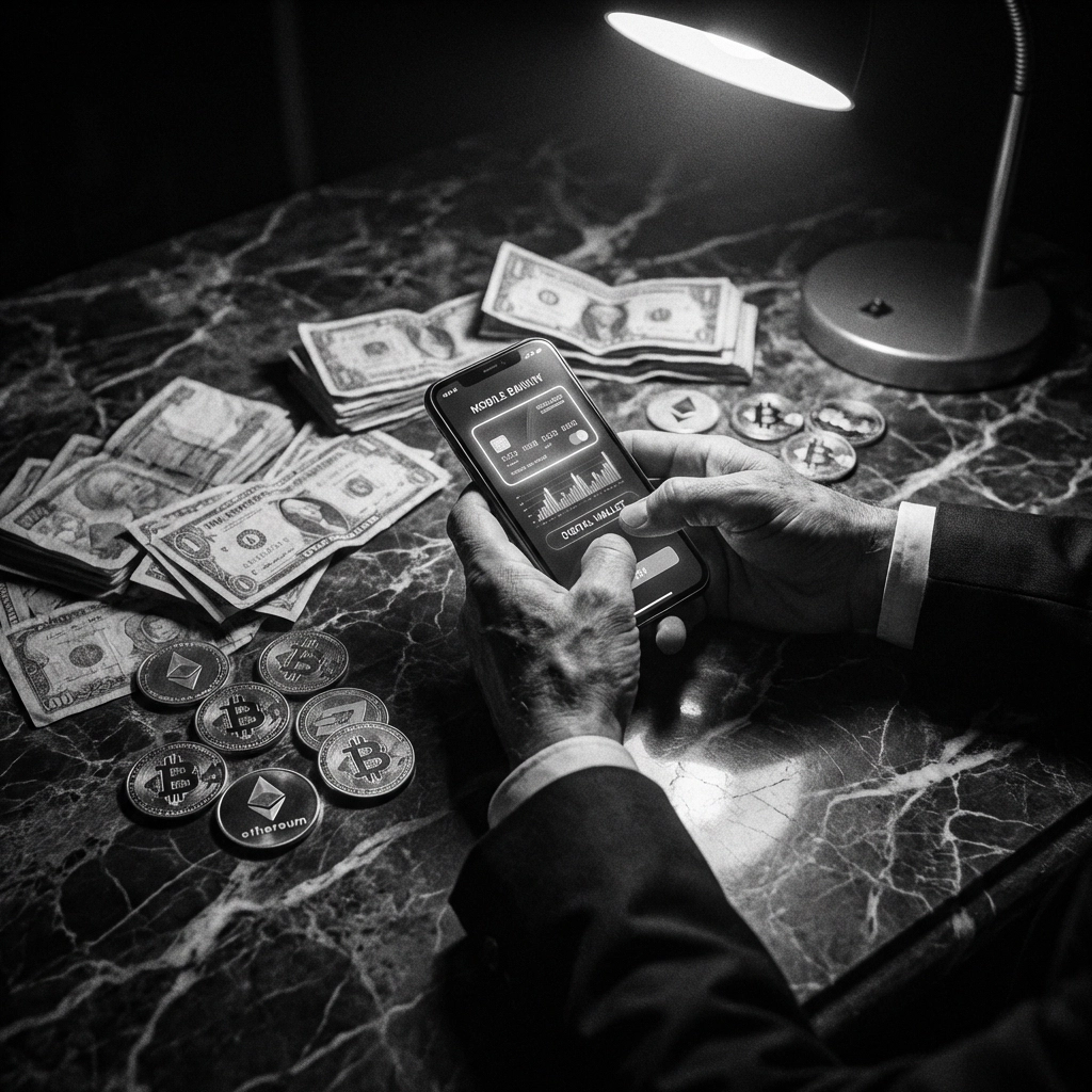 A person using a phone next to cash and crypto coins