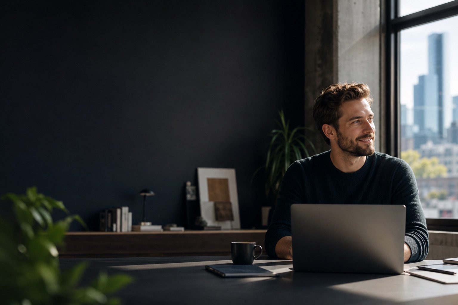 US freelancer in a modern loft studio managing global payments on a laptop