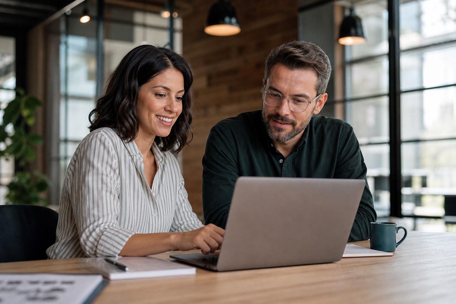 Coworkers completing direct-deposit details on a laptop