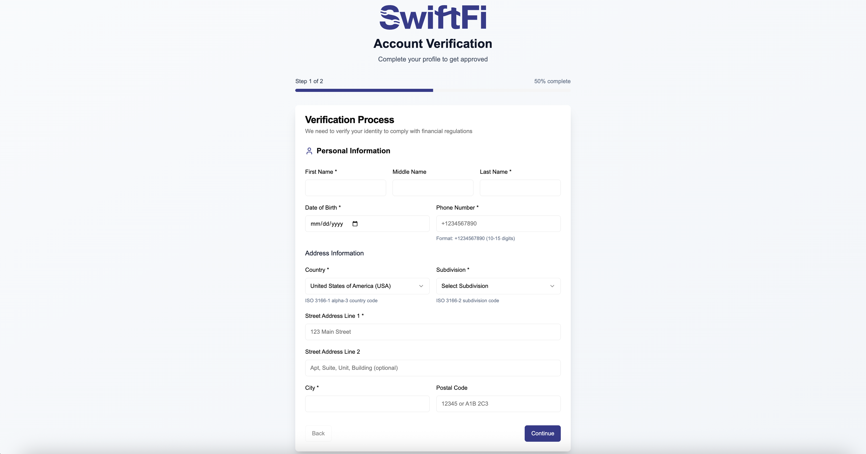 SwiftFi account verification screen in the web app