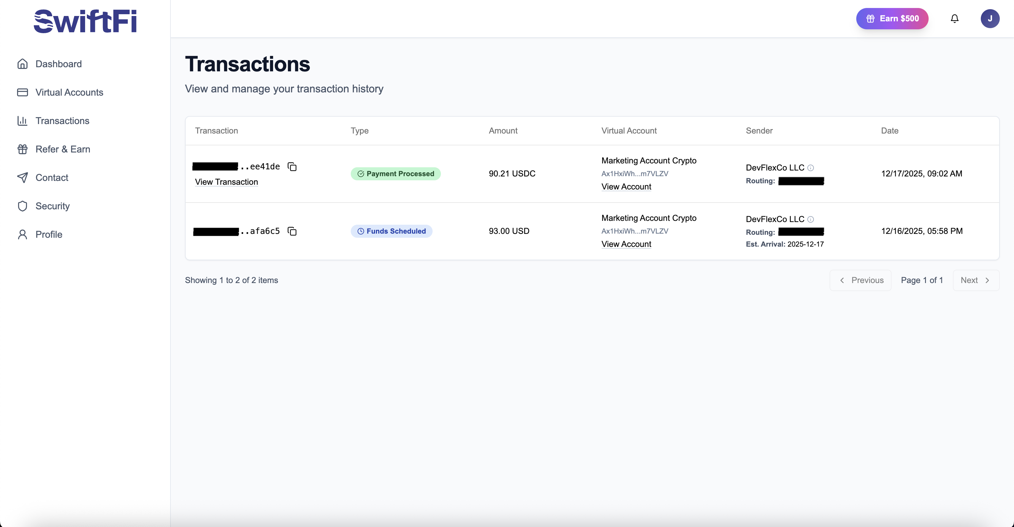 SwiftFi transactions list showing payout status and details