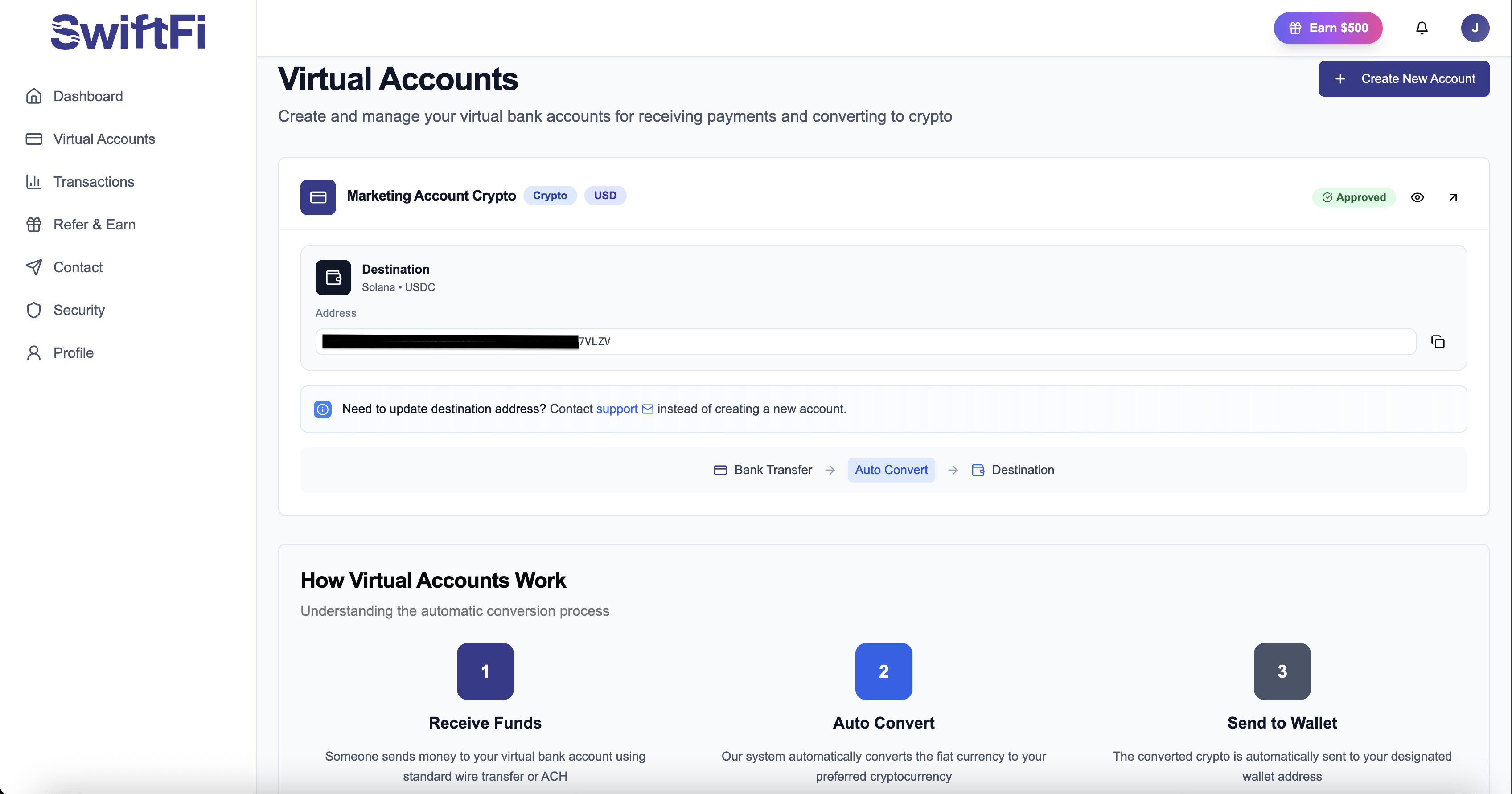 SwiftFi virtual accounts screen showing a USD account and destination settings