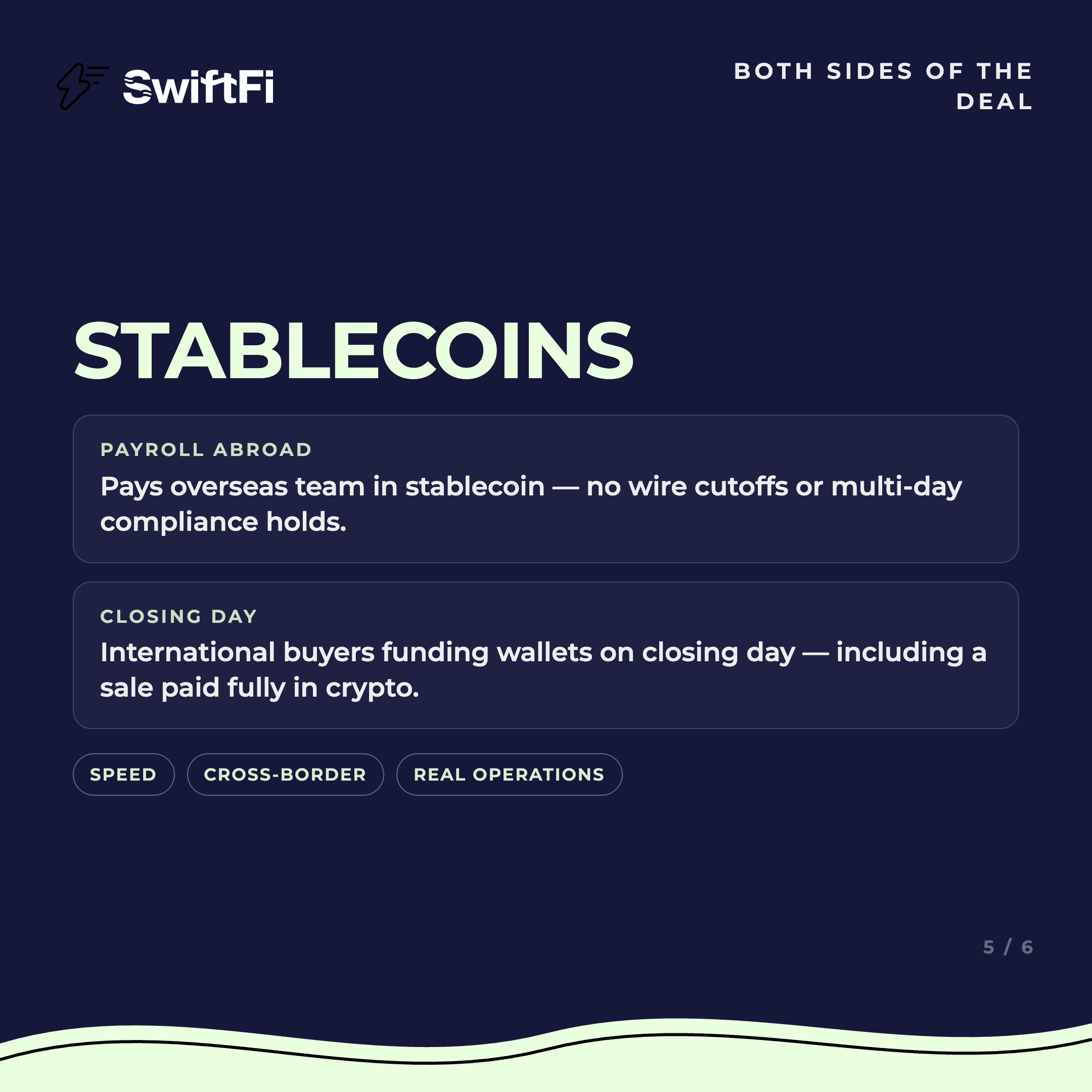 Creator Spotlight slide: stablecoins for payroll abroad and international closings